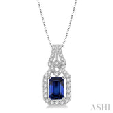 6x4 MM Emerald Shape Sapphire and 1/5 Ctw Interlocking Round Cut Diamond Precious Pendant With Chain in 14K White Gold